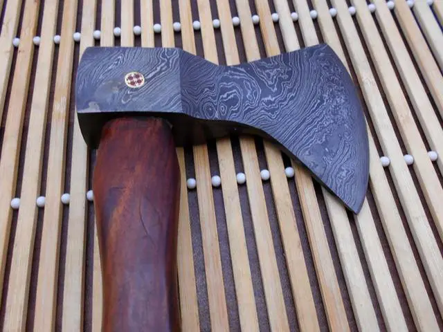 Alt view image 6 of 7 - Damascus steel tomahawk Axe bearded hiking battle axe14.5 Inches long Hand Forged with Rose wood round handle, thick cow hide leather sheath
