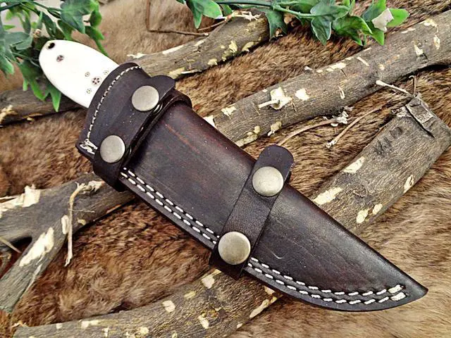 Alt view image 4 of 6 - 9" Long hand forged Damascus steel full tang skinning Knife with gut hook, Camel bone with Damascus Bolster, Cow hide Leather sheath