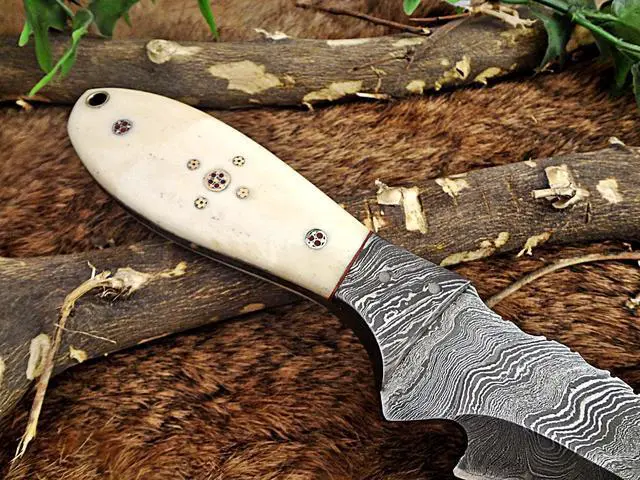 Alt view image 3 of 6 - 9" Long hand forged Damascus steel full tang skinning Knife with gut hook, Camel bone with Damascus Bolster, Cow hide Leather sheath