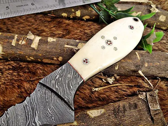 Alt view image 5 of 6 - 9" Long hand forged Damascus steel full tang skinning Knife with gut hook, Camel bone with Damascus Bolster, Cow hide Leather sheath
