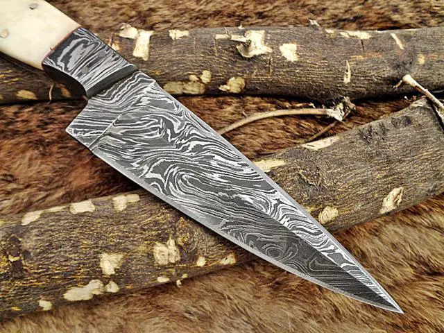 Alt view image 4 of 7 - 9.5" Long hand forged Damascus steel full tang blade skinning Knife, Natural & Blue bone with Damascus bolster scale, Cow Leather sheath