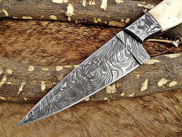 Alt view image 5 of 7 - 9.5" Long hand forged Damascus steel full tang blade skinning Knife, Natural & Blue bone with Damascus bolster scale, Cow Leather sheath