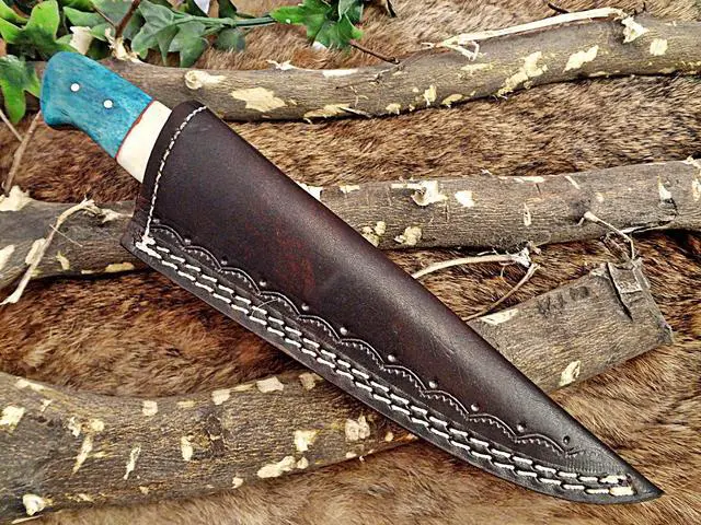 Alt view image 6 of 7 - 9.5" Long hand forged Damascus steel full tang blade skinning Knife, Natural & Blue bone with Damascus bolster scale, Cow Leather sheath