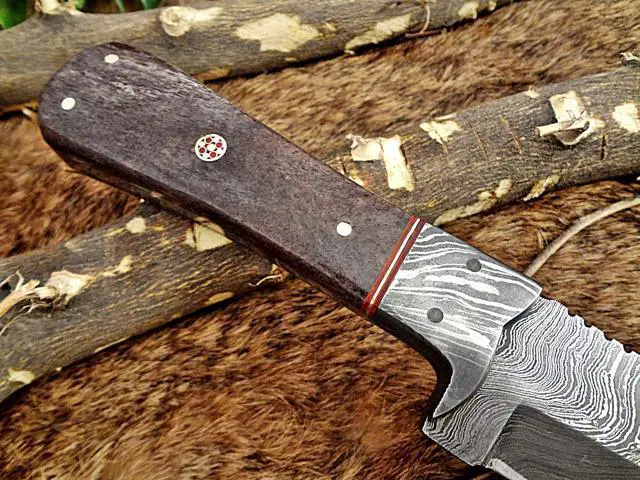 Alt view image 4 of 7 - 8" Long hand forged Damascus steel full tang Tanto blade custom made hunting Knife, Grey bone with Damascus Bolster, Cow leather sheath