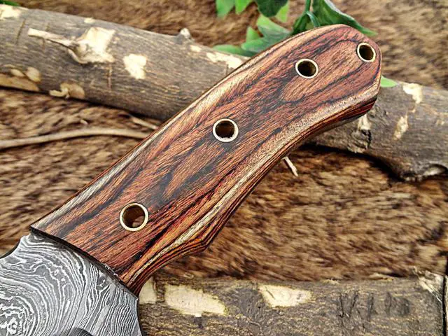 Alt view image 4 of 7 - 8.5" Long hand forged skinning Knife, 4.5" full tang hand forged Damascus steel coping blade, 2 tone dollar wood scale, Cow Leather sheath
