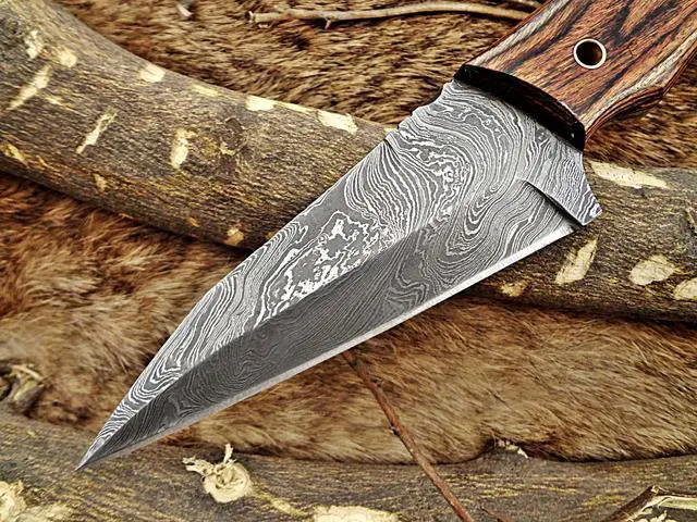 Alt view image 7 of 7 - 8.5" Long hand forged skinning Knife, 4.5" full tang hand forged Damascus steel coping blade, 2 tone dollar wood scale, Cow Leather sheath