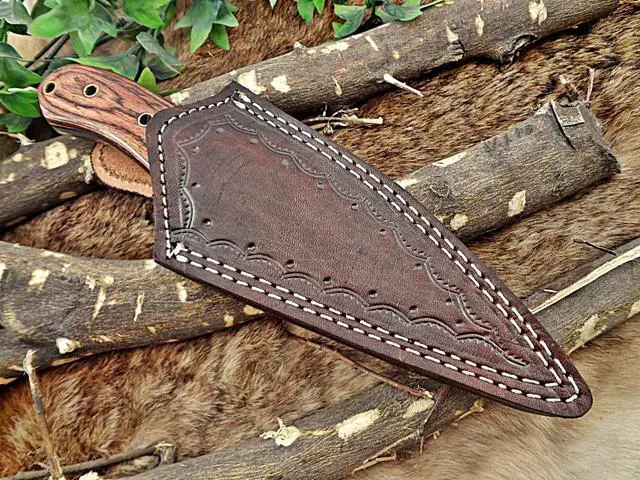 Alt view image 6 of 7 - 8.5" Long hand forged skinning Knife, 4.5" full tang hand forged Damascus steel coping blade, 2 tone dollar wood scale, Cow Leather sheath