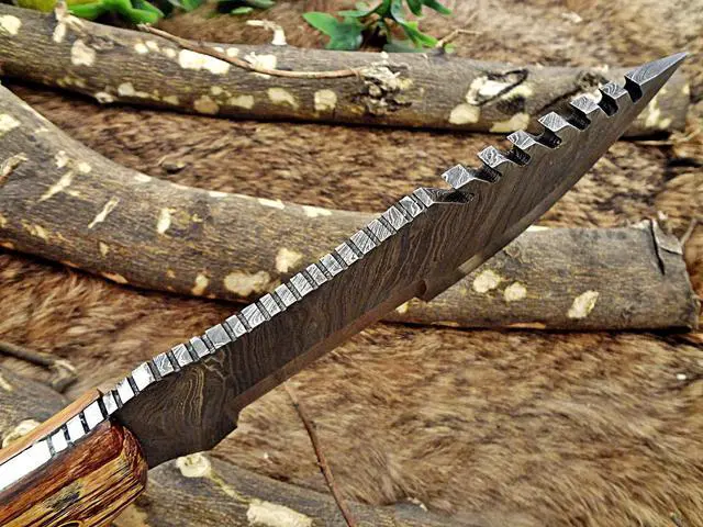 Alt view image 2 of 7 - 13" Long hand forged twist pattern full tang Damascus steel tracker knife, Exotic kao wood with holes scale, Cow leather sheath