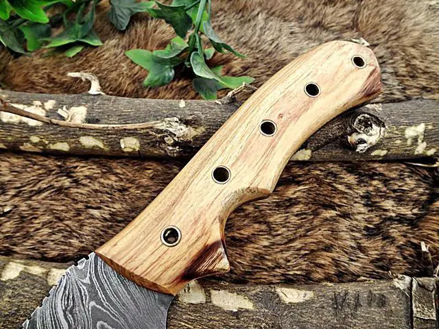Alt view image 3 of 7 - 13" Long hand forged twist pattern full tang Damascus steel tracker knife, Exotic kao wood with holes scale, Cow leather sheath