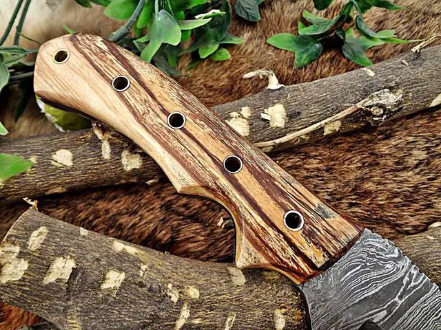 Alt view image 5 of 7 - 13" Long hand forged twist pattern full tang Damascus steel tracker knife, Exotic kao wood with holes scale, Cow leather sheath