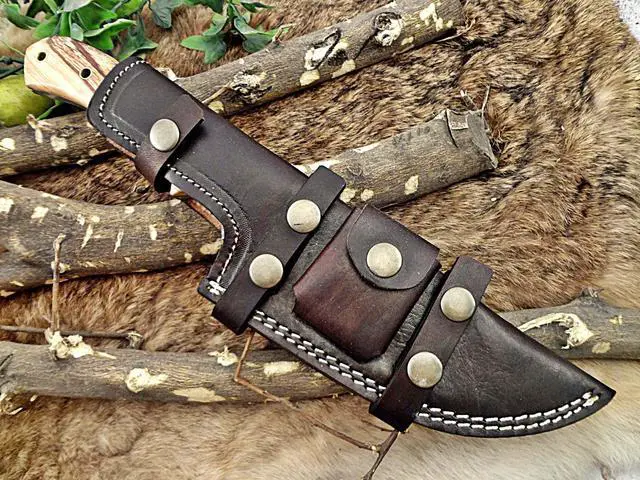 Alt view image 4 of 7 - 13" Long hand forged twist pattern full tang Damascus steel tracker knife, Exotic kao wood with holes scale, Cow leather sheath