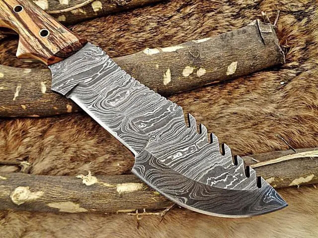 Alt view image 6 of 7 - 13" Long hand forged twist pattern full tang Damascus steel tracker knife, Exotic kao wood with holes scale, Cow leather sheath