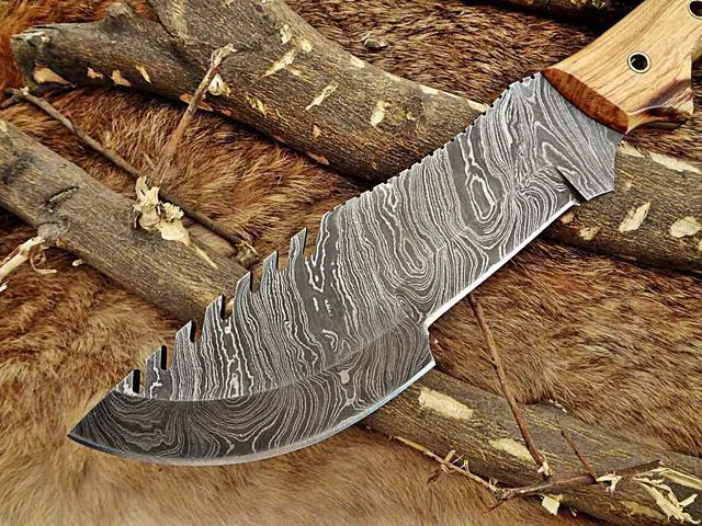 Alt view image 7 of 7 - 13" Long hand forged twist pattern full tang Damascus steel tracker knife, Exotic kao wood with holes scale, Cow leather sheath