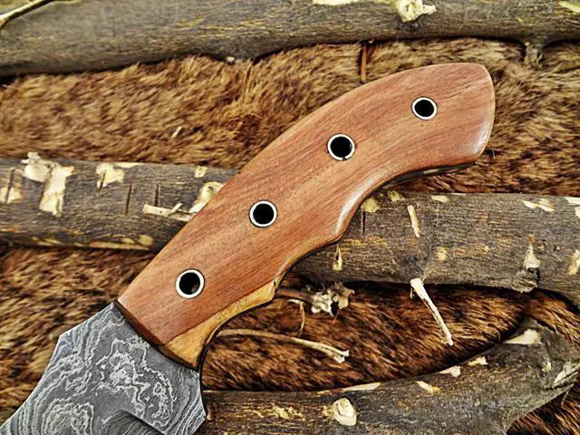 Alt view image 2 of 7 - 10"Long tracker knife hand forged twist pattern full tang Damascus steel, Natural Rose wood with pipe hole scale, Cow hide leather sheath