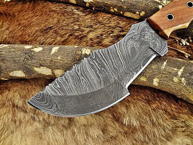 Alt view image 4 of 7 - 10"Long tracker knife hand forged twist pattern full tang Damascus steel, Natural Rose wood with pipe hole scale, Cow hide leather sheath