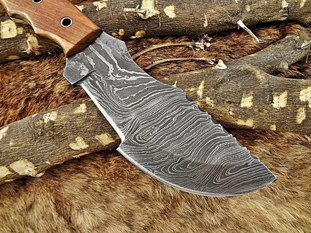 Alt view image 7 of 7 - 10"Long tracker knife hand forged twist pattern full tang Damascus steel, Natural Rose wood with pipe hole scale, Cow hide leather sheath
