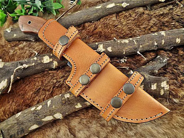 Alt view image 6 of 7 - 10"Long tracker knife hand forged twist pattern full tang Damascus steel, Natural Rose wood with pipe hole scale, Cow hide leather sheath