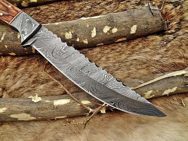 Alt view image 5 of 7 - 11" Long hand forged Damascus steel full tang clip point blade skinning Knife, Natural Rose wood with Brass bolster, Cow Leather sheath
