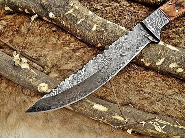 Alt view image 6 of 7 - 11" Long hand forged Damascus steel full tang clip point blade skinning Knife, Natural Rose wood with Brass bolster, Cow Leather sheath