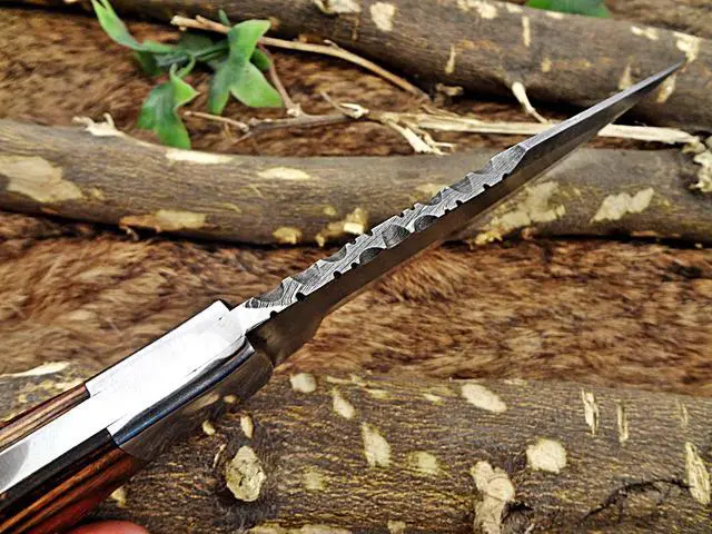 Alt view image 3 of 7 - 11" Long hand forged Damascus steel full tang blade skinning Knife, 2 tone brown Dollar wood with Brass bolster scale, Cow Leather sheath