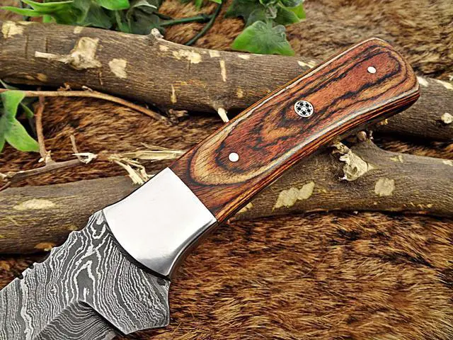 Alt view image 4 of 7 - 11" Long hand forged Damascus steel full tang blade skinning Knife, 2 tone brown Dollar wood with Brass bolster scale, Cow Leather sheath