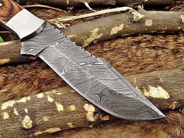 Alt view image 7 of 7 - 11" Long hand forged Damascus steel full tang blade skinning Knife, 2 tone brown Dollar wood with Brass bolster scale, Cow Leather sheath