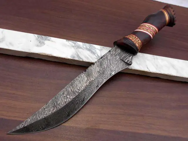 Alt view image 2 of 6 - 13" Long hand forged Damascus steel skinning knife, Engraved Rose wood scale crafted with engraved brass & Camel bone spacer hunting knife, Cow Leather sheath with belt loop
