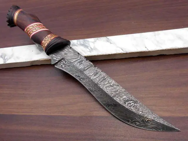 Alt view image 6 of 6 - 13" Long hand forged Damascus steel skinning knife, Engraved Rose wood scale crafted with engraved brass & Camel bone spacer hunting knife, Cow Leather sheath with belt loop
