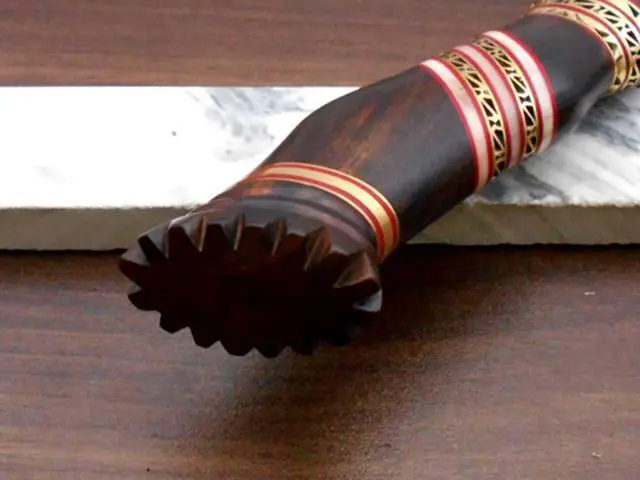 Alt view image 5 of 6 - 13" Long hand forged Damascus steel skinning knife, Engraved Rose wood scale crafted with engraved brass & Camel bone spacer hunting knife, Cow Leather sheath with belt loop