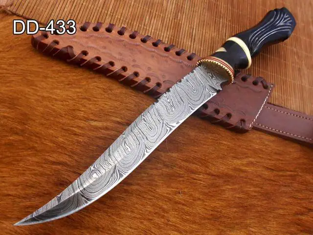 Alt view image 3 of 7 - 13" Long hand forged Damascus steel skinning knife, Engraved Bull horn crafted with engraved brass spacer and Camel bone scale hunting knife, Cow Leather sheath with belt loop