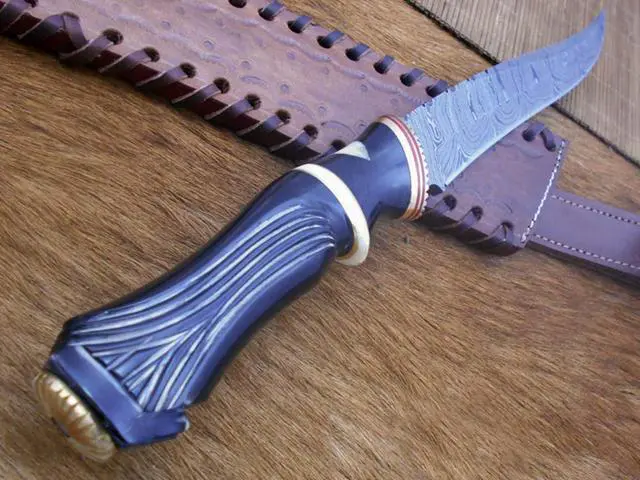 Alt view image 2 of 7 - 13" Long hand forged Damascus steel skinning knife, Engraved Bull horn crafted with engraved brass spacer and Camel bone scale hunting knife, Cow Leather sheath with belt loop