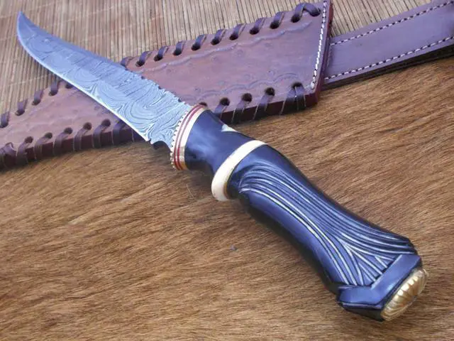 Alt view image 5 of 7 - 13" Long hand forged Damascus steel skinning knife, Engraved Bull horn crafted with engraved brass spacer and Camel bone scale hunting knife, Cow Leather sheath with belt loop