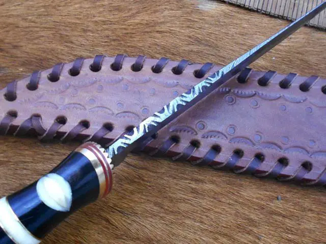 Alt view image 6 of 7 - 13" Long hand forged Damascus steel skinning knife, Engraved Bull horn crafted with engraved brass spacer and Camel bone scale hunting knife, Cow Leather sheath with belt loop