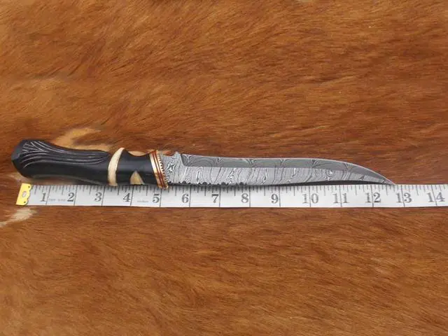 Alt view image 7 of 7 - 13" Long hand forged Damascus steel skinning knife, Engraved Bull horn crafted with engraved brass spacer and Camel bone scale hunting knife, Cow Leather sheath with belt loop