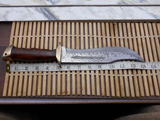 Alt view image 6 of 7 - 13 Inches long Damascus steel custom made hunting Bowie Knife, Red wood scale with brass finger guard and cap cow hide leather sheath