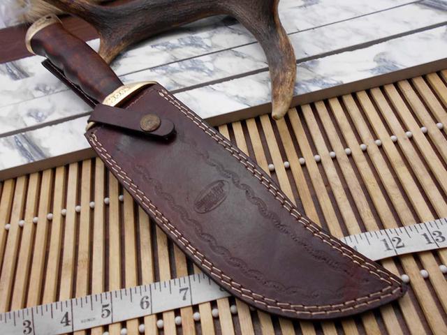 Alt view image 7 of 7 - 13 Inches long Damascus steel custom made hunting Bowie Knife, Red wood scale with brass finger guard and cap cow hide leather sheath
