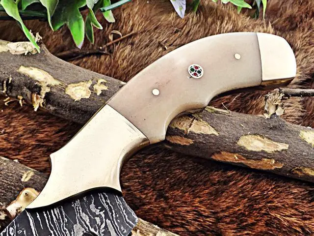 Alt view image 6 of 6 - 13 Inches long custom made Damascus steel full tang 9" blade kitchen Knife, Camel bone 4" scale with brass bolster