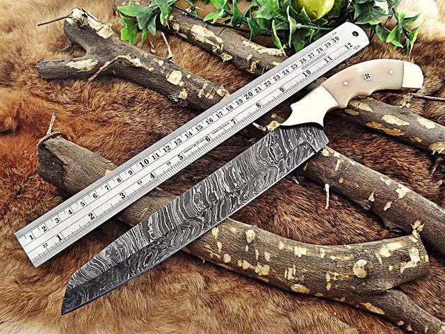 Alt view image 3 of 6 - 13 Inches long custom made Damascus steel full tang 9" blade kitchen Knife, Camel bone 4" scale with brass bolster