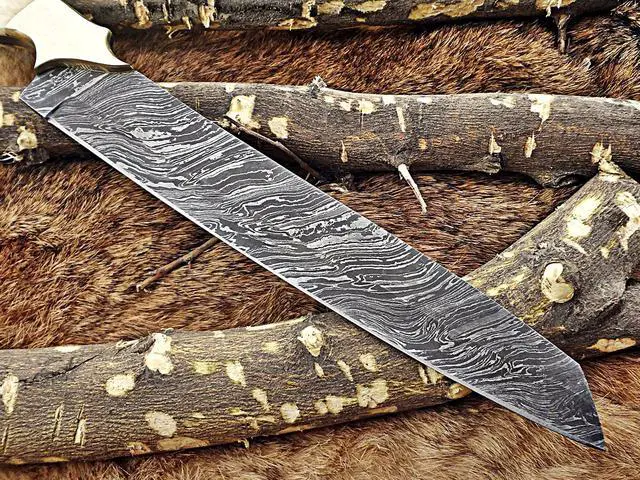 Alt view image 4 of 6 - 13 Inches long custom made Damascus steel full tang 9" blade kitchen Knife, Camel bone 4" scale with brass bolster
