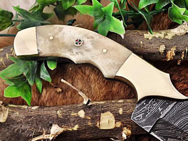 Alt view image 5 of 6 - 13 Inches long custom made Damascus steel full tang 9" blade kitchen Knife, Camel bone 4" scale with brass bolster
