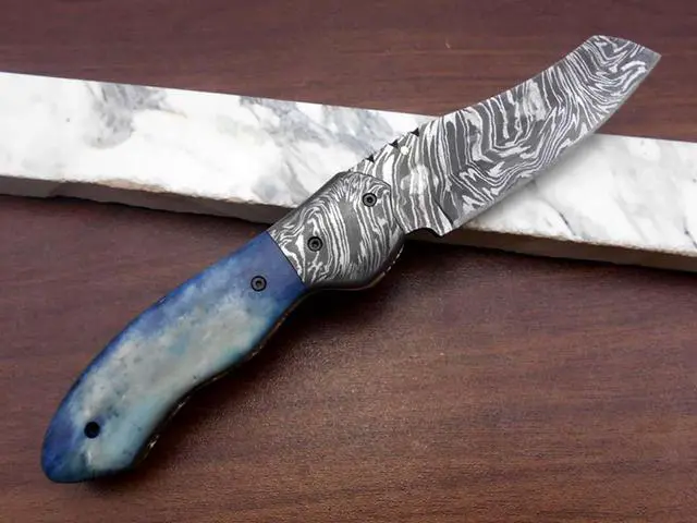Alt view image 2 of 7 - Hand forged Damascus steel 7.8" folding custom Ledder patren knife 3.5" Blade Colored Bone & Damascus bolster scale cow leather sheath