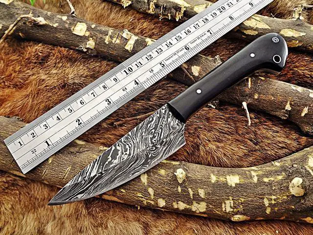 Alt view image 4 of 6 - 9 Inches long custom made Damascus steel hand forged chef Knife, kitchen knife 4" full tang blade, Natural Buffalo Horn scale inserting hole