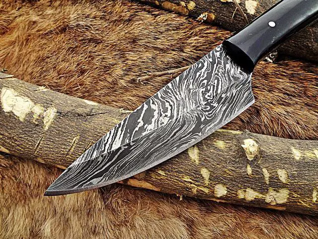Alt view image 5 of 6 - 9 Inches long custom made Damascus steel hand forged chef Knife, kitchen knife 4" full tang blade, Natural Buffalo Horn scale inserting hole