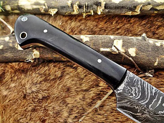 Alt view image 6 of 6 - 9 Inches long custom made Damascus steel hand forged chef Knife, kitchen knife 4" full tang blade, Natural Buffalo Horn scale inserting hole
