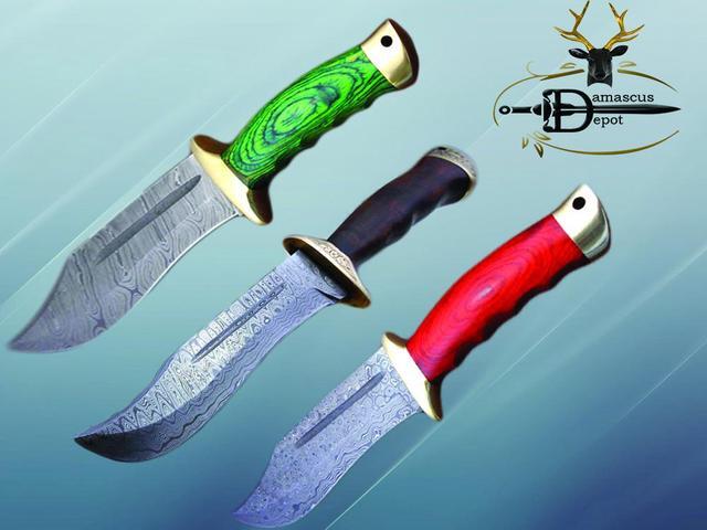 Alt view image 2 of 7 - 13 Inches long Damascus steel custom made hunting Bowie Knife, Red wood scale with brass finger guard and cap cow hide leather sheath