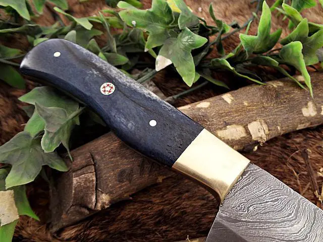 Alt view image 2 of 6 - Damascus Steel kitchen Knife 14 Inches full tang 9" long Hand Forged blade, Blue Colored camel bone and brass bolster scale