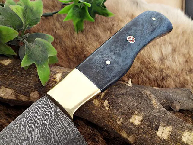 Alt view image 3 of 6 - Damascus Steel kitchen Knife 14 Inches full tang 9" long Hand Forged blade, Blue Colored camel bone and brass bolster scale