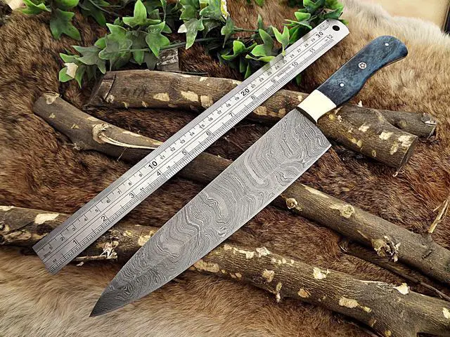 Alt view image 5 of 6 - Damascus Steel kitchen Knife 14 Inches full tang 9" long Hand Forged blade, Blue Colored camel bone and brass bolster scale