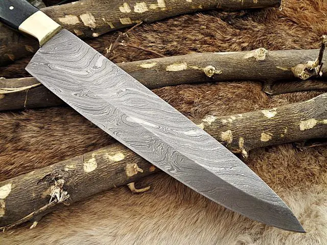 Alt view image 4 of 6 - Damascus Steel kitchen Knife 14 Inches full tang 9" long Hand Forged blade, Blue Colored camel bone and brass bolster scale