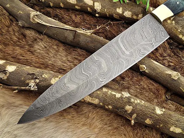 Alt view image 6 of 6 - Damascus Steel kitchen Knife 14 Inches full tang 9" long Hand Forged blade, Blue Colored camel bone and brass bolster scale